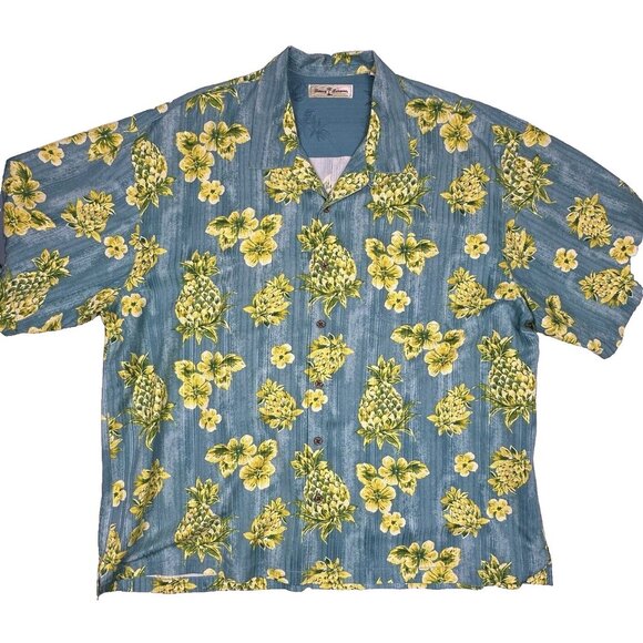 TOMMY BAHAMA Men's Sz 2XL Shirt Pineapple‎ Blue CAMP HAWAIIAN SILK Yellow Floral - Picture 1 of 7